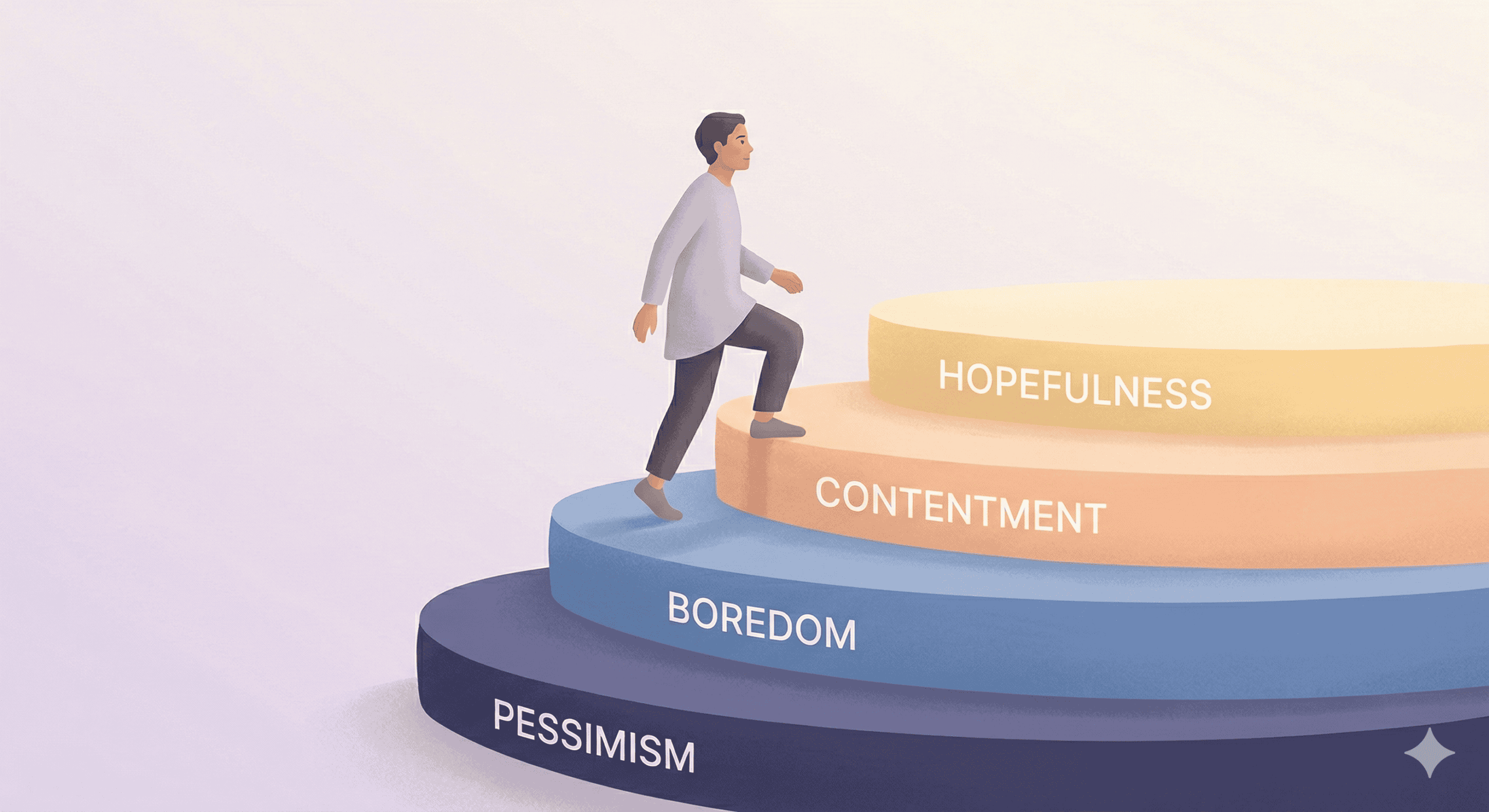 One person climbing soft steps from boredom to contentment to hopefulness in a calm illustration about moving up the Abraham Hicks emotional guidance scale