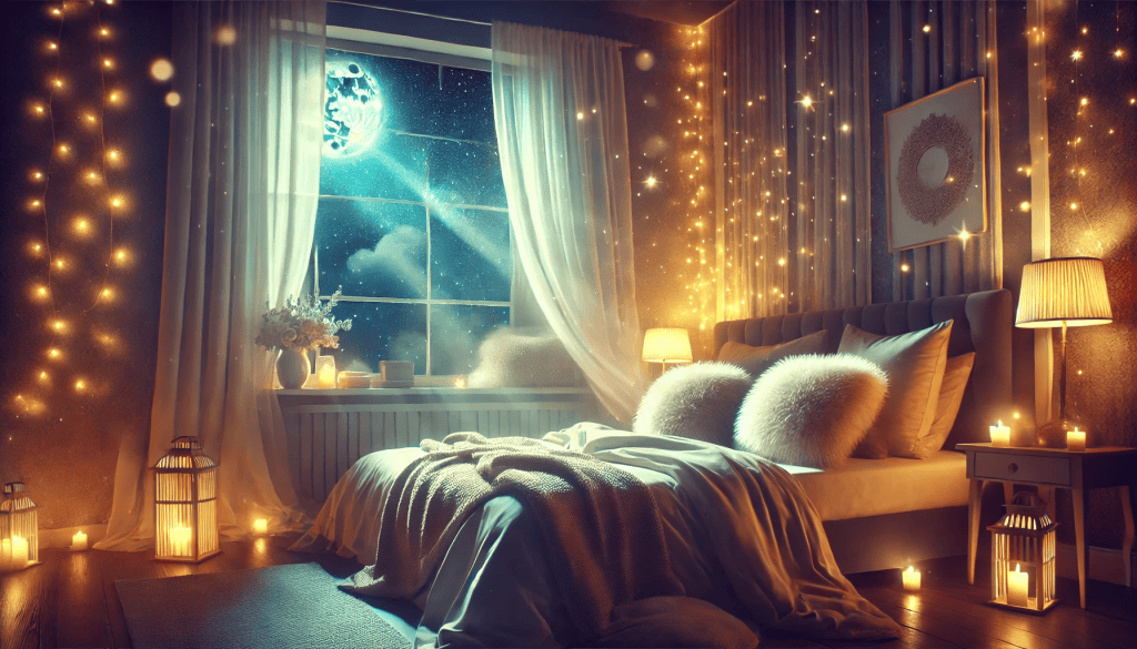 Cozy magical bedroom for manifestational sleep.