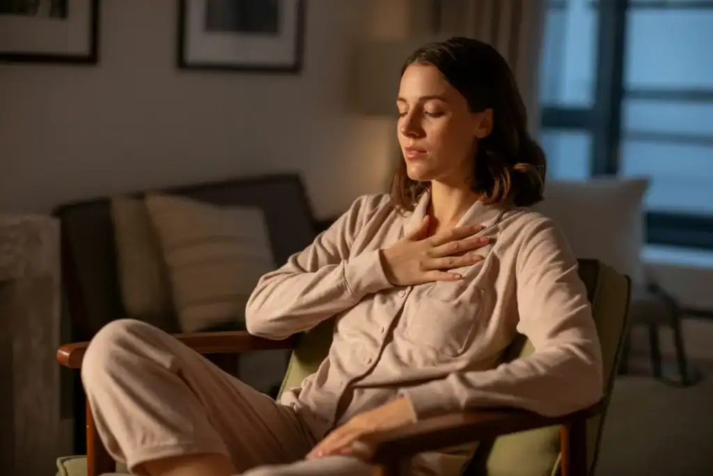 Woman sitting in a chair trying to ground herself as she tries to quiet a loud mind