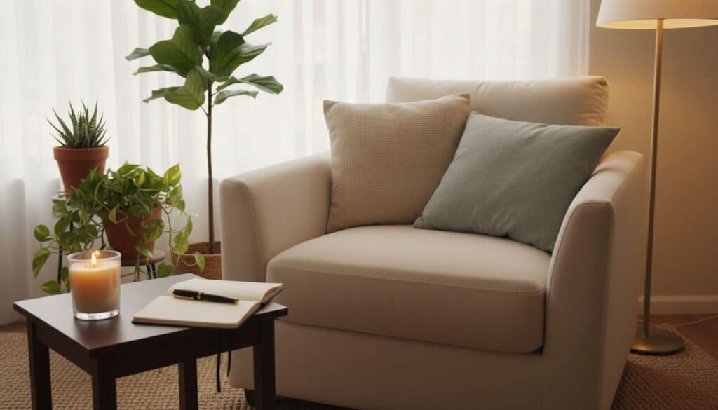 Cozy home meditation corner with comfortable armchair, soft cushions, flickering candle on side table, open notebook and pen, potted plants near window with sheer curtains, and warm ambient lighting, creating an inviting and peaceful atmosphere without people.