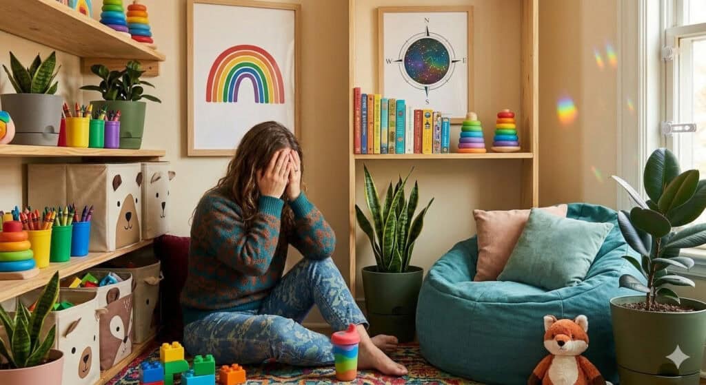 An overwhelmed woman sits on the floor of a colorful, kid-friendly playroom with her hands over her face, representing the bottom rungs of the Emotional Guidance Scale such as despair, powerlessness, and the numb zombie zone.