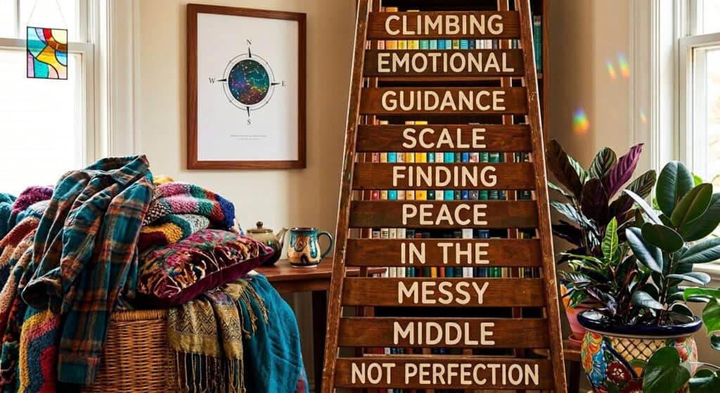 A wooden ladder in a cozy, sunlit room with colorful blankets and laundry, featuring the text 'Climbing Emotional Guidance Scale: Finding Peace in the Messy Middle, Not Perfection' to help with spiritual alignment and burnout.