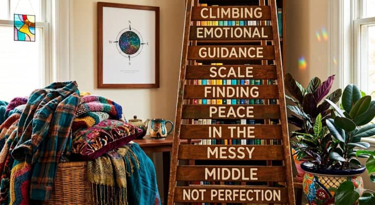 A wooden ladder in a cozy, sunlit room with colorful blankets and laundry, featuring the text 'Climbing Emotional Guidance Scale: Finding Peace in the Messy Middle, Not Perfection' to help with spiritual alignment and burnout.