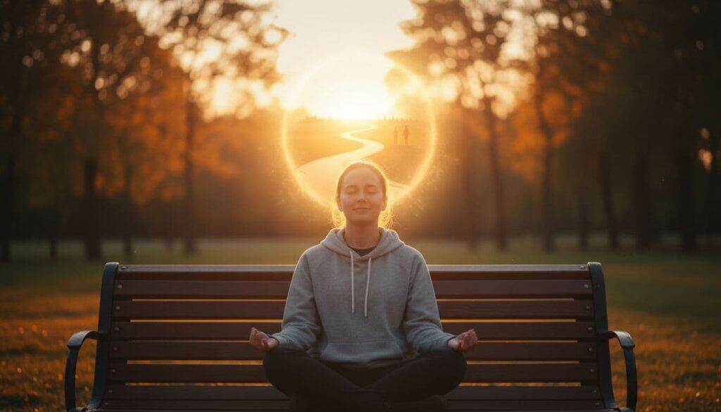 A woman practicing a law of attraction guided meditation, sitting on a bench in a peaceful park during a golden sunset with a soft glow around her.