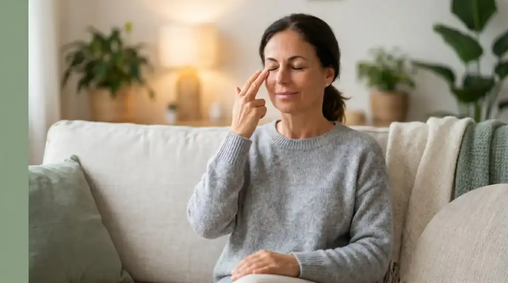 A woman practicing EFT tapping for stress relief and nervous system regulation.