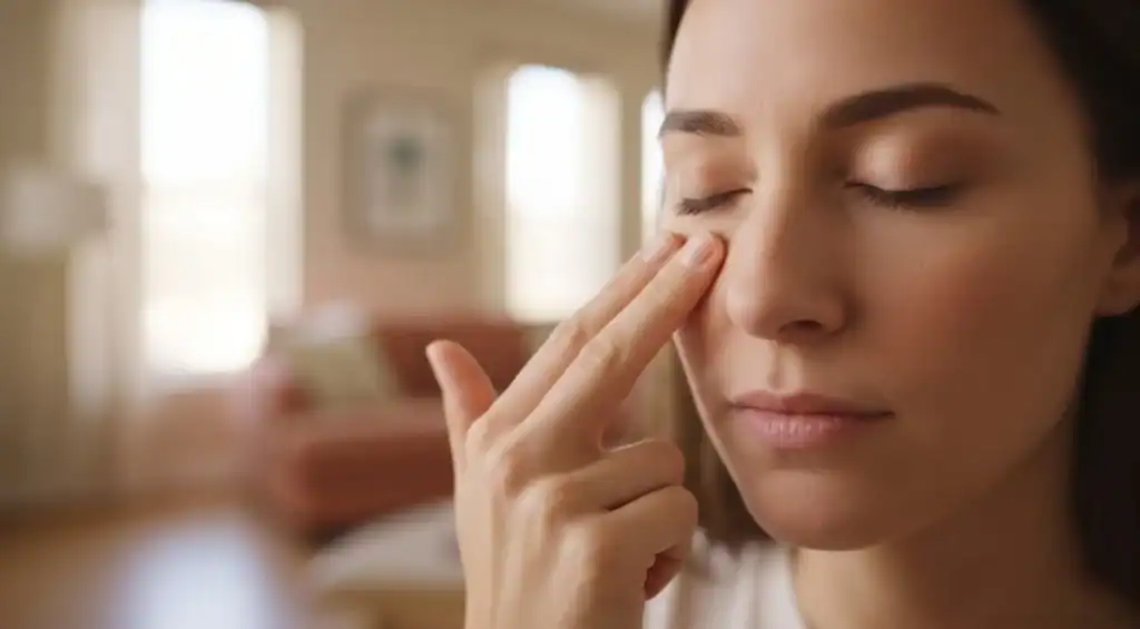 Person with eyes closed calmly tapping fingertips under her eye, relaxed expression, seated in cozy living room with soft natural light.
