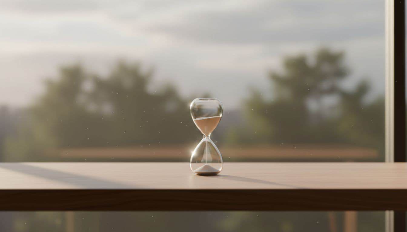 A single hourglass rests on a wooden desk bathed in soft morning sunlight.