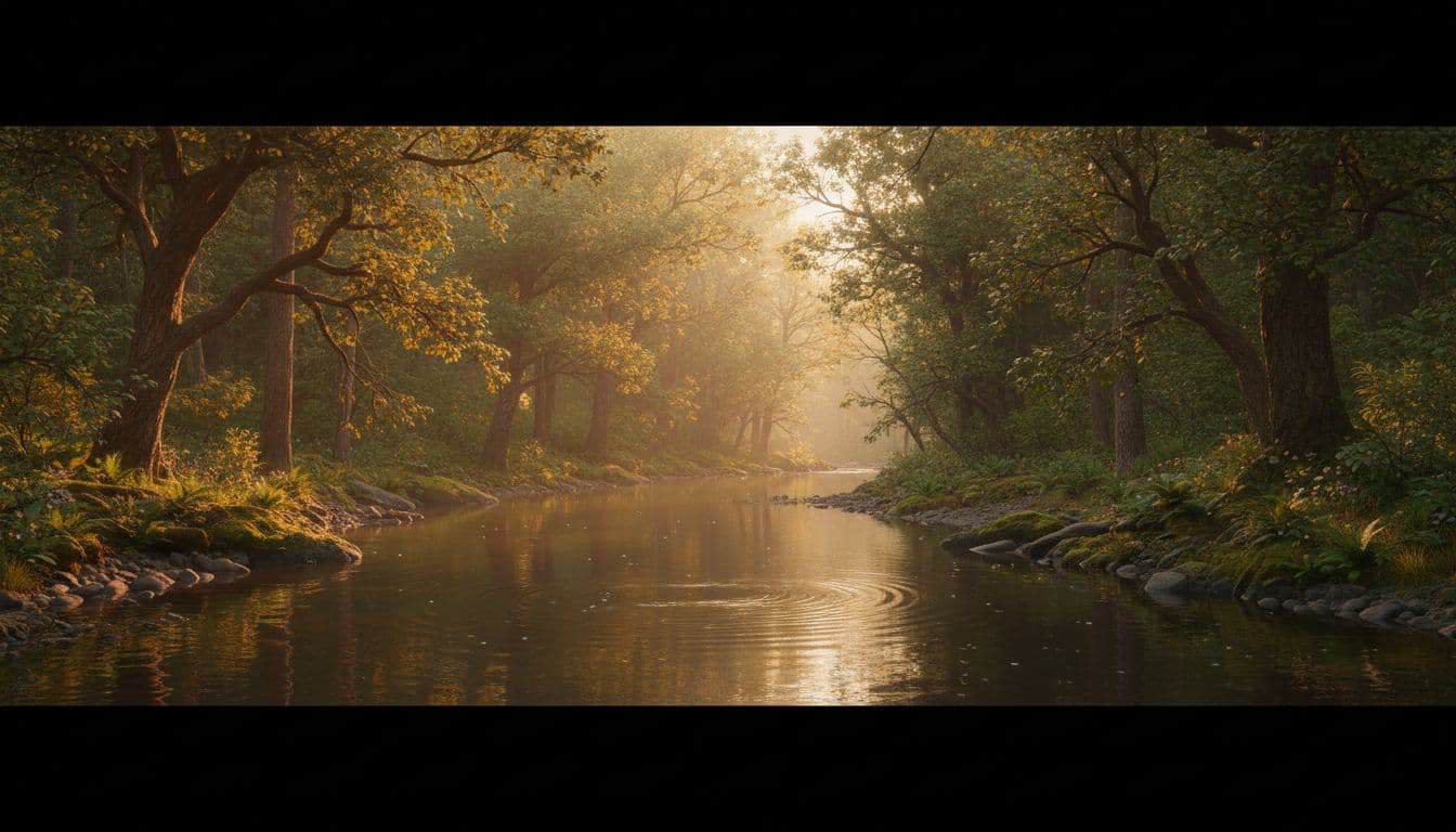 A clear, tranquil river winds through a dense forest as warm golden hour light illuminates the water's surface. Small ripples create delicate patterns while trees cast soft shadows along the banks.
