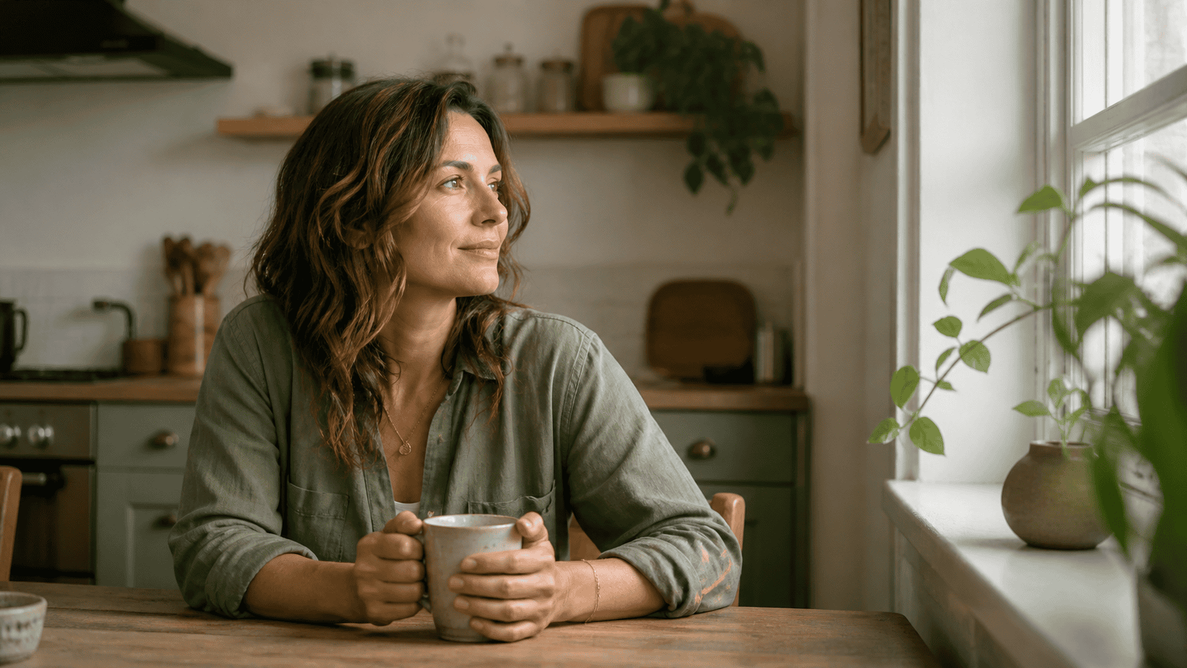 A woman sitting at a kitchen table with a mug, looking out the window with a calm and grounded expression, representing staying in your own alignment even when the people you love are struggling.