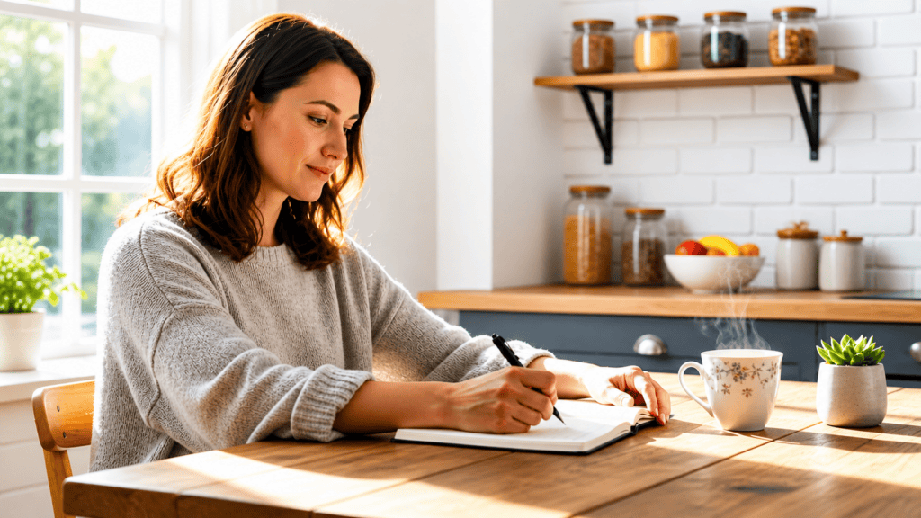 Woman sitting at kitchen table journaling.