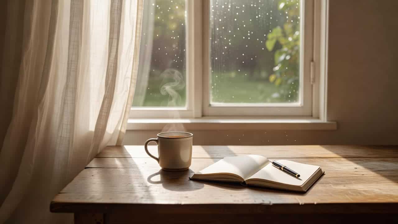 An open notebook and a ceramic tea mug sit on a warm wooden table near an open window. Soft, breeze-blown curtains frame the peaceful morning scene bathed in gentle natural light.