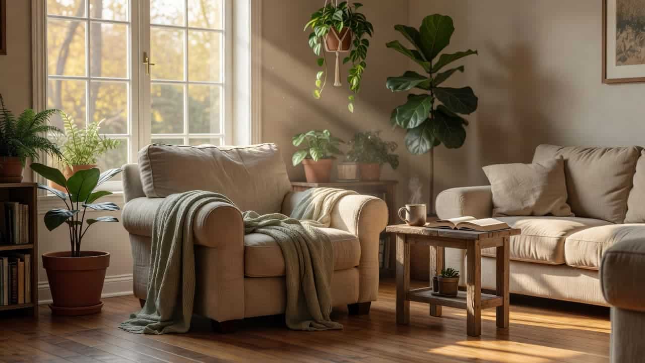 A plush armchair sits bathed in warm sunlight near a large window filled with lush indoor plants. The airy space features soft textures and natural light for a tranquil environment.