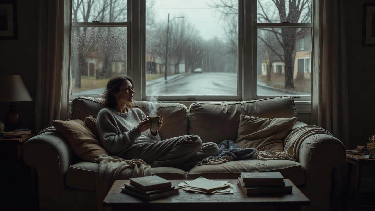 A person sits on a plush couch holding a warm ceramic mug while gazing at rain against the windowpane. Nearby, scattered books and a soft blanket create a lived-in, realistic space.