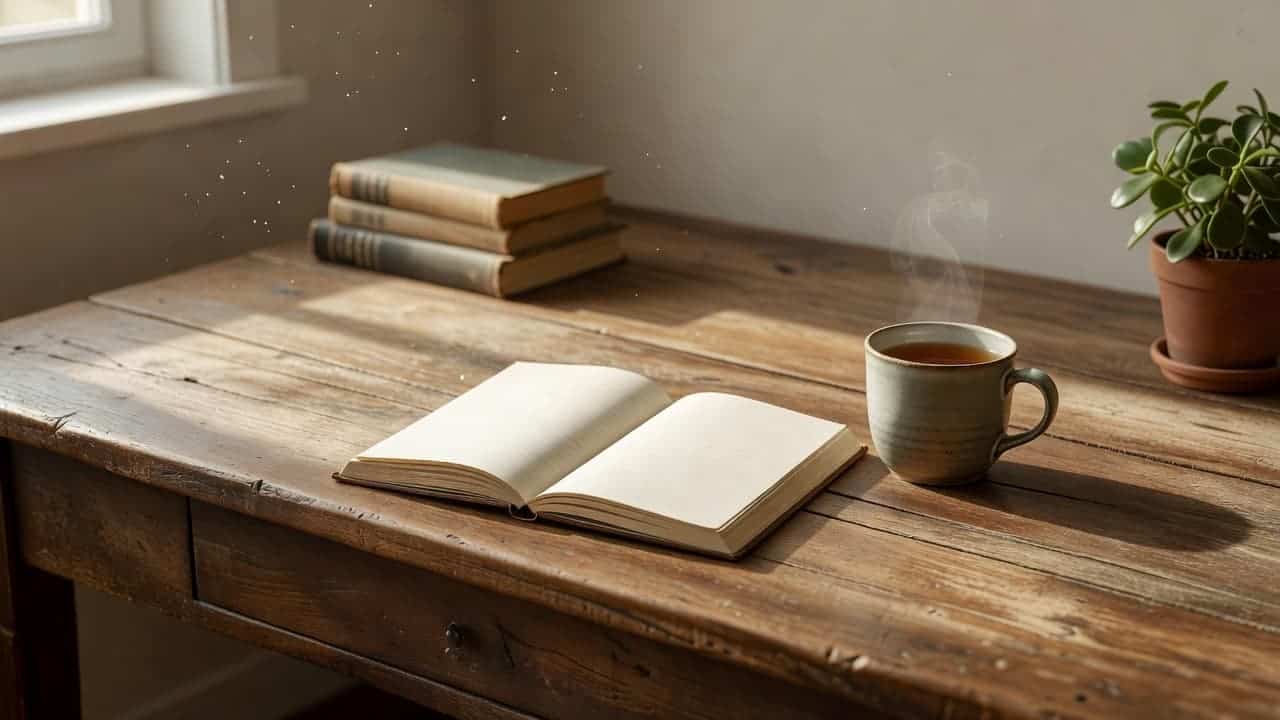 A light wood desk surface features an open notebook resting beside a steaming cup of tea. Soft, golden morning sunlight streams across the workspace, creating a serene and quiet atmosphere.