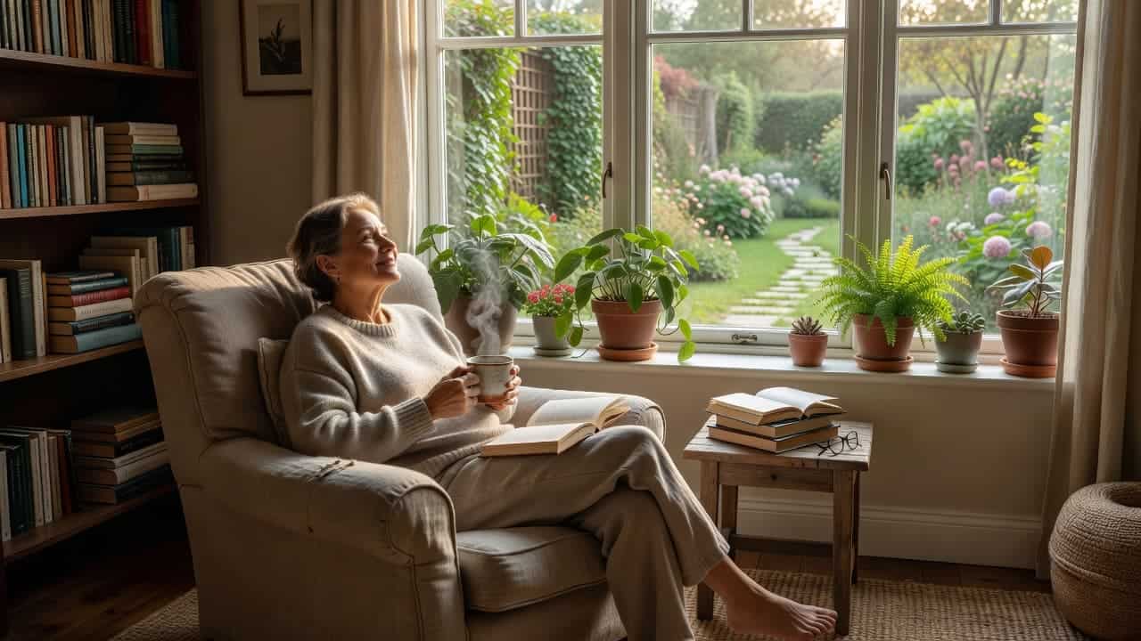 A relaxed individual sits in an armchair by a large window, cradling a ceramic mug of steaming tea. Soft morning light illuminates the interior, while a lush garden is visible outside.