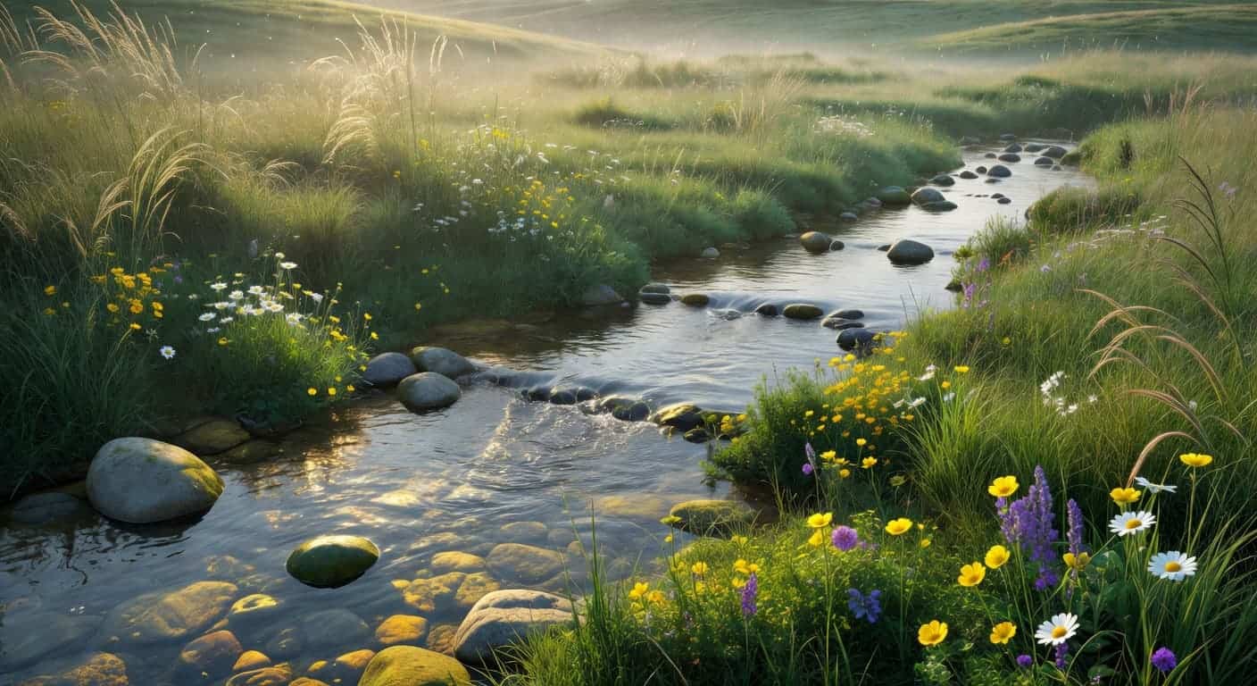 Abraham Hicks Momentum - A narrow stream of crystal clear water flows steadily over polished river stones through a lush grassy meadow. The soft morning sun casts a warm glow over the tranquil landscape.