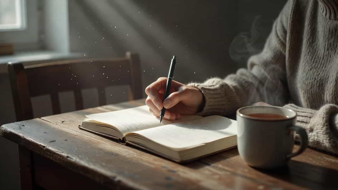 A close-up view shows a hand writing in an open paper notebook on a wooden desk. Beside the journal sits a steaming cup of tea, bathed in gentle morning sunlight.