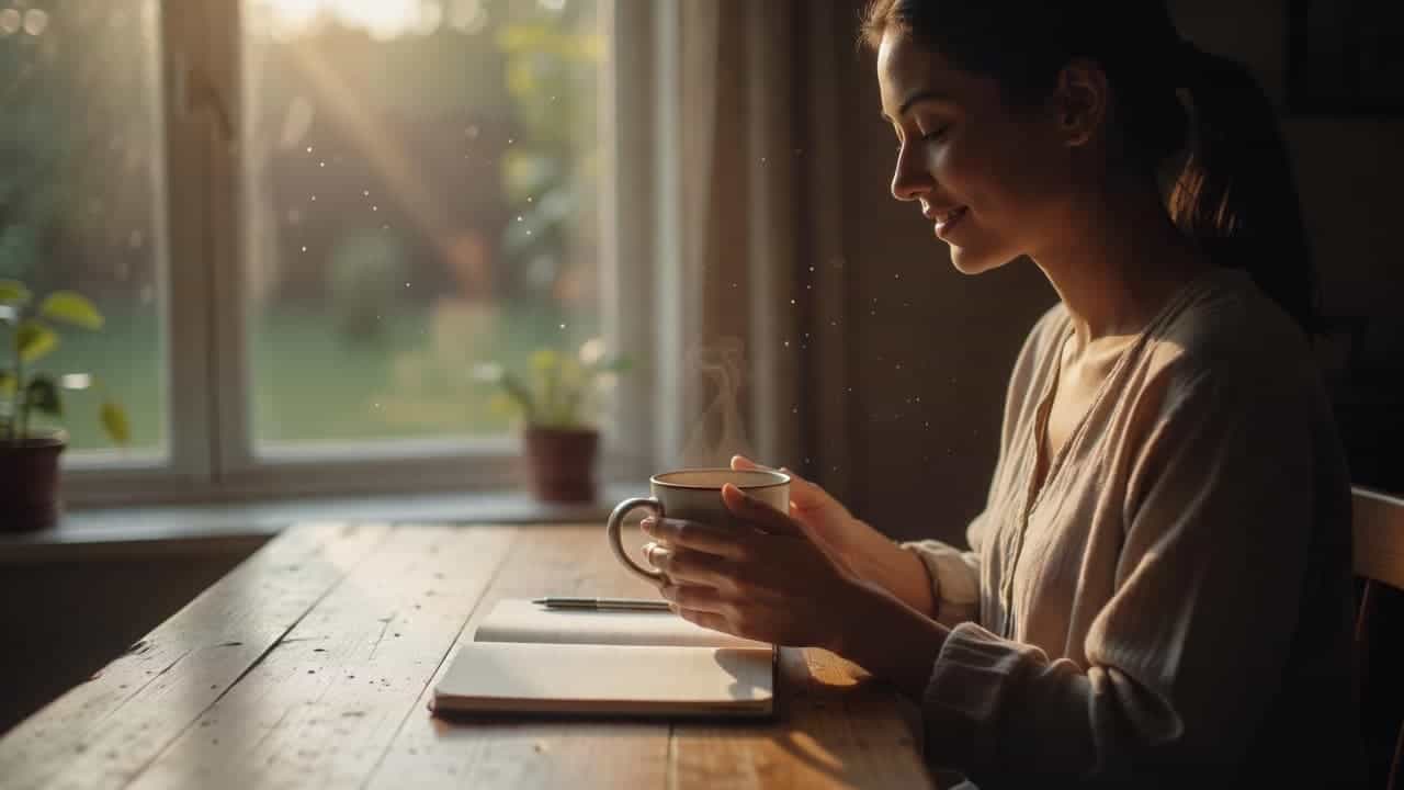 A person sits peacefully at a wooden desk while holding a steaming cup of tea. Soft golden morning light filters through a nearby window, creating a serene and contemplative workspace atmosphere.