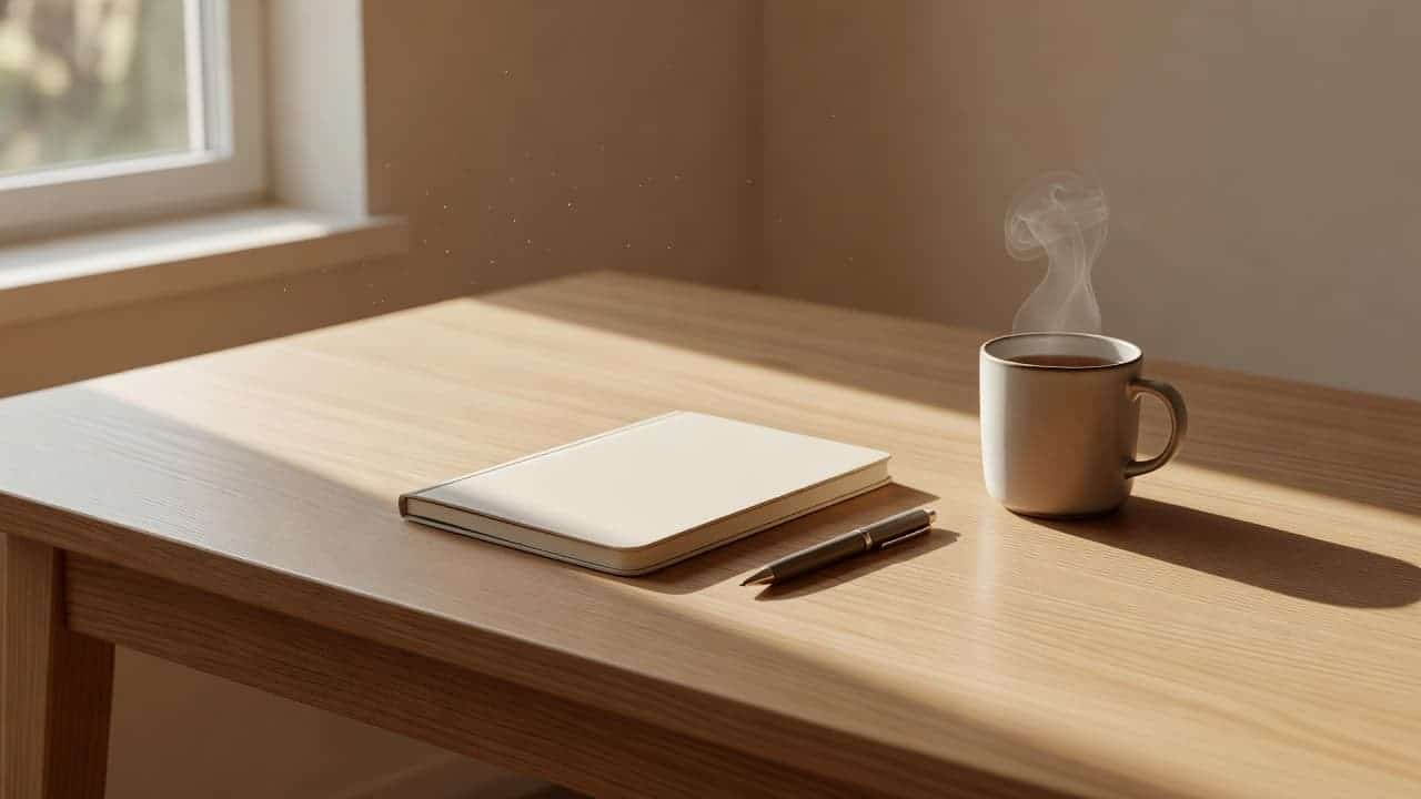 A smooth wooden surface features an open notebook with a simple pen and a steaming cup of tea. Soft natural light flows across the table, highlighting the peaceful, uncluttered workspace environment.