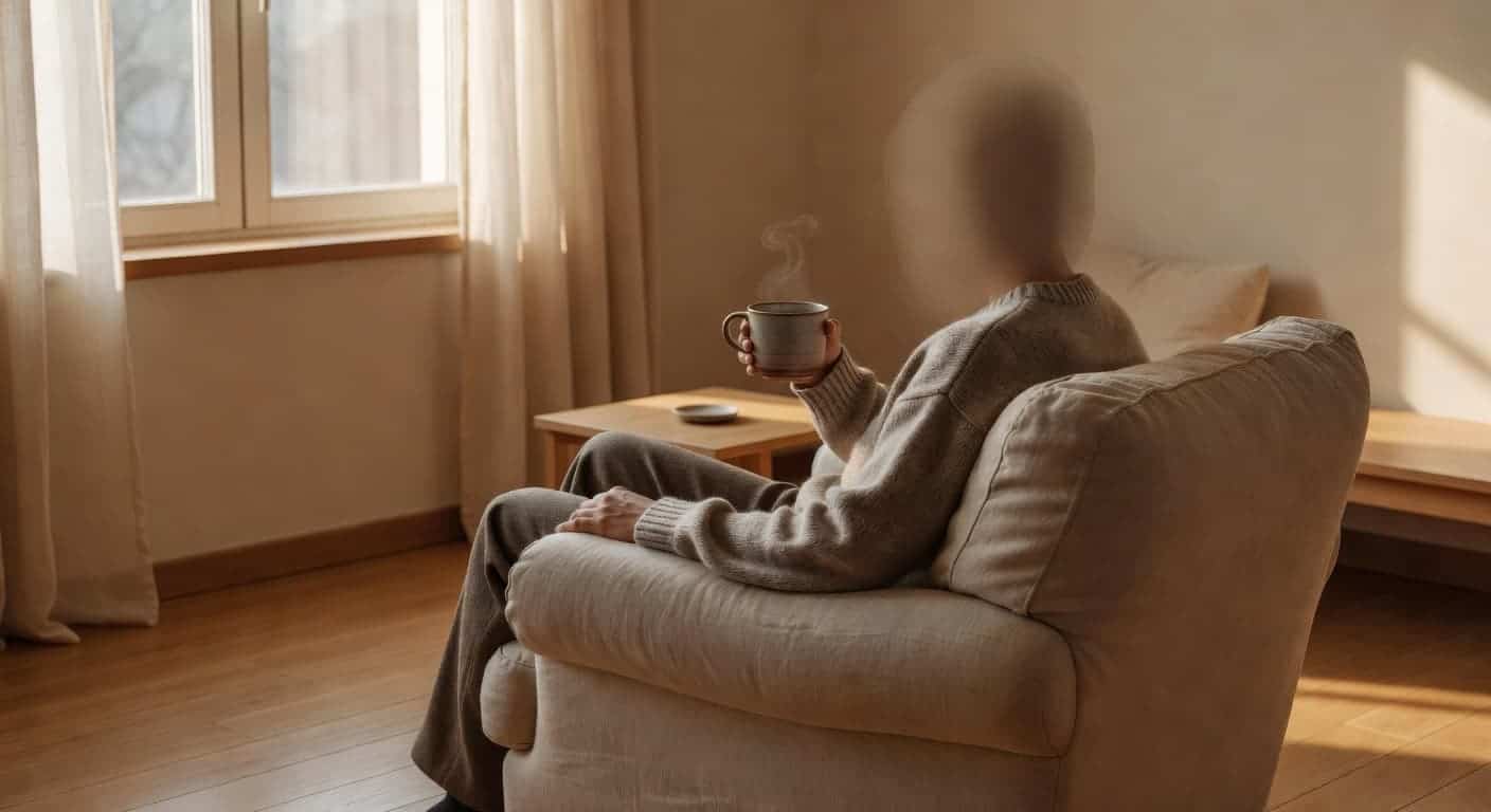 A person sits comfortably in a cozy armchair positioned next to a large window. Soft morning light streams across their hands as they hold a warm ceramic mug of tea.