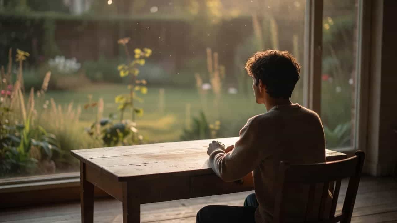 A solitary figure sits at a minimalist wooden desk near a large window, gazing out at a serene blurred garden. The warm afternoon sun bathes the quiet scene in golden light.
