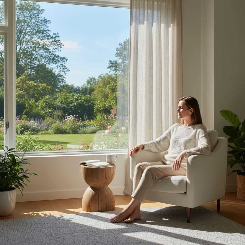 A relaxed individual sits in a plush armchair facing a large window filled with warm light. They gaze outward with a serene expression, surrounded by the quiet atmosphere of a cozy interior.