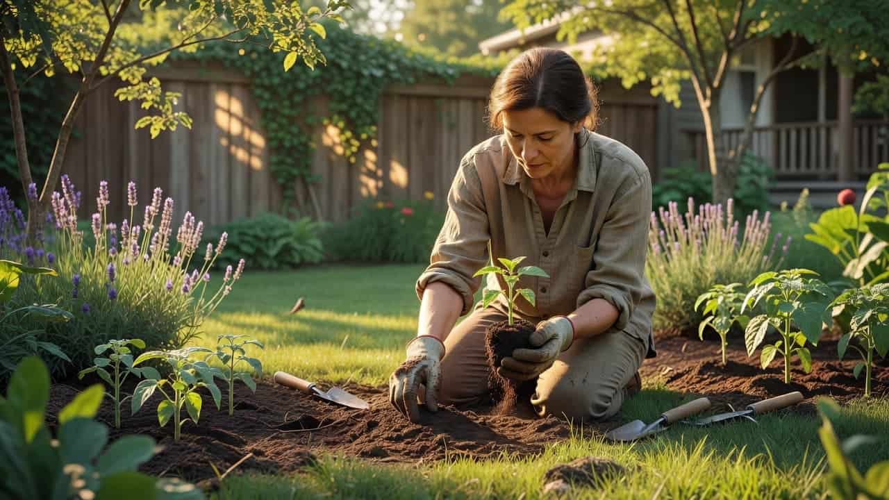 A person carefully tends to dark garden soil with bare hands under the warm morning sun. Green leaves surround them in a peaceful backyard setting that emphasizes focus and deliberate movement.