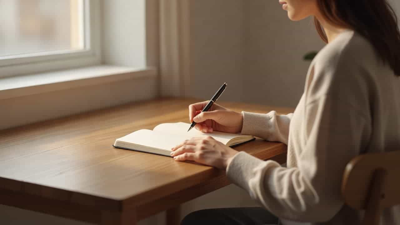 A person sits at a smooth wooden desk, holding a pen to write inside an open paper notebook. Soft morning light streams through the adjacent window, illuminating the serene workspace interior.