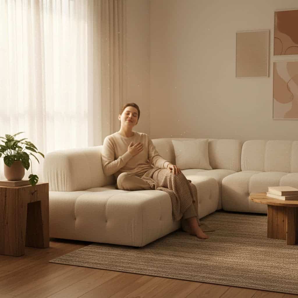 A person sits relaxed on a plush sofa in a sunlit room, one hand placed gently over their chest. Soft light illuminates the calm space as they practice quiet grounding techniques.