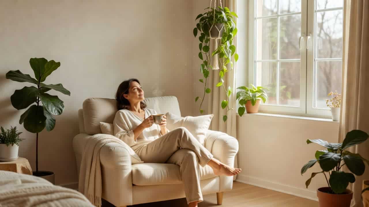 A person sits relaxed in a sunlit room, cradling a steaming ceramic mug while gazing toward a window. Lush green plants and soft textured fabrics create a serene and peaceful atmosphere.