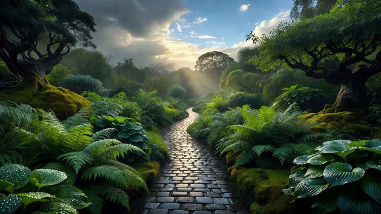 A wet stone path winds through vibrant green foliage under a soft, overcast sky. Sunlight filters through the clouds, illuminating damp leaves and droplets along the quiet, peaceful garden trail.