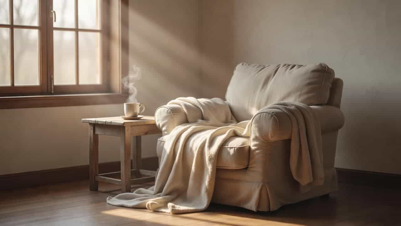 Golden morning sunlight flows across a plush armchair draped with a soft knitted blanket. A steaming ceramic cup of tea rests on the nearby side table within this quiet room.