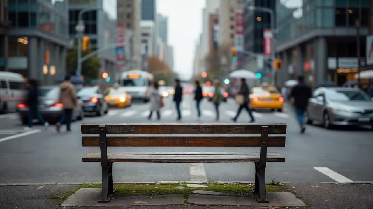 A wooden bench sits in sharp focus amidst a soft-focus urban street scene. The surrounding city movement blurs into gentle shapes, emphasizing the stillness of this solitary resting place in nature.