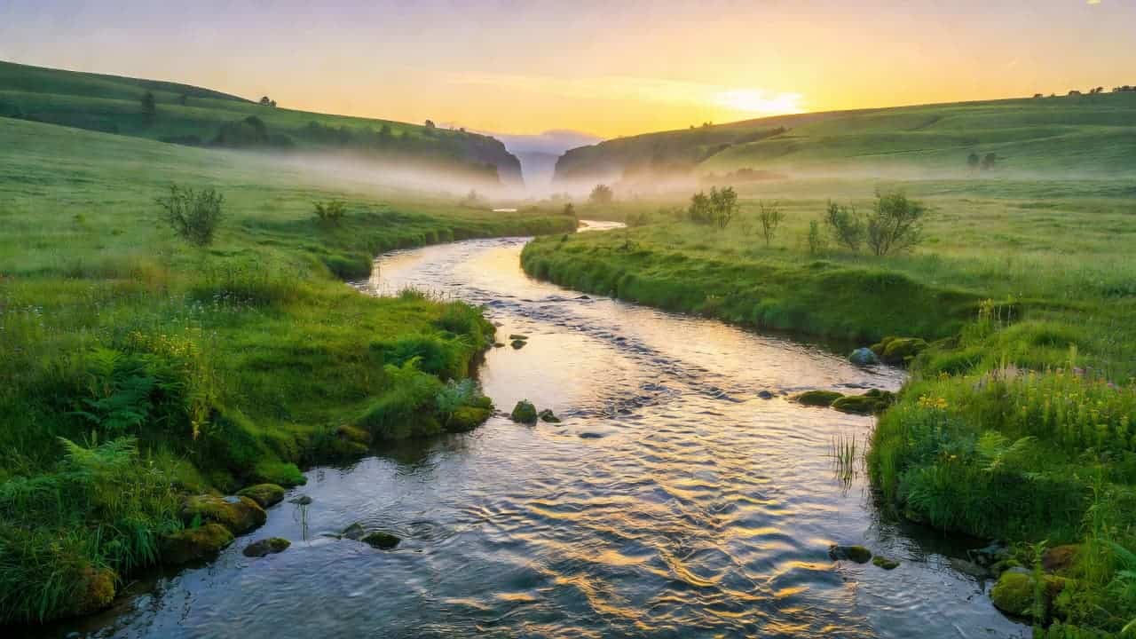 A calm river winds through a verdant valley under the soft glow of a morning sun. Golden light shimmers on the water surface while lush greenery blankets the rolling hillsides.