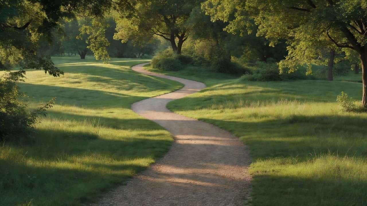 A narrow dirt trail curves gently through a vibrant green meadow. Golden sunlight filters through the dense canopy of overhead trees, casting dappled patterns of light and shadow across the grass.