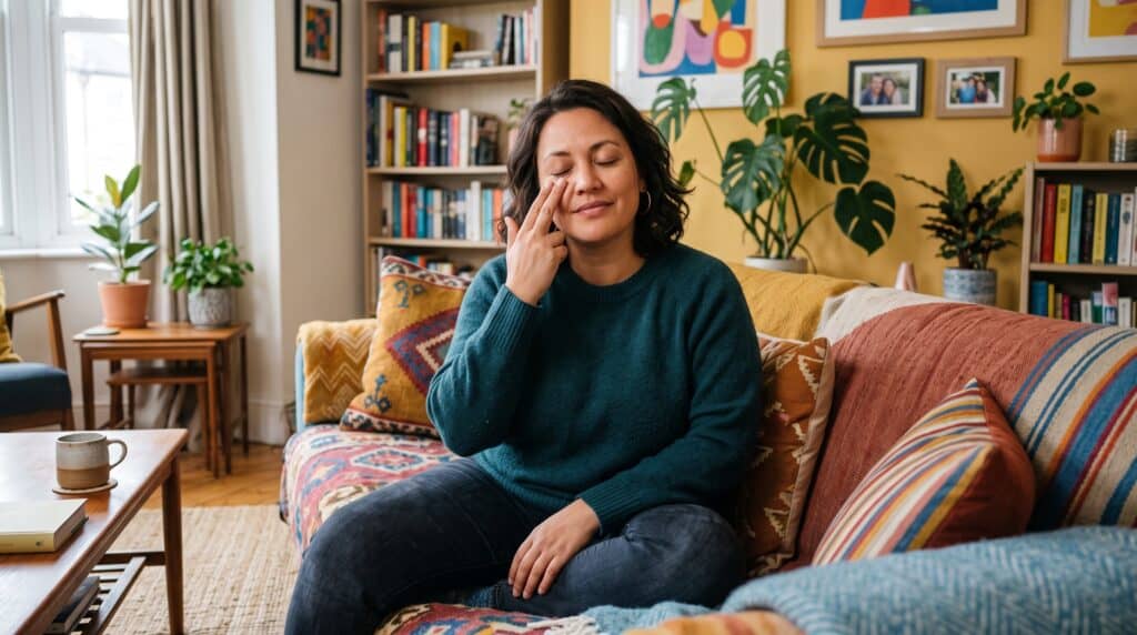 Woman sitting on couch in a colorful living EFT tapping for weight loss.