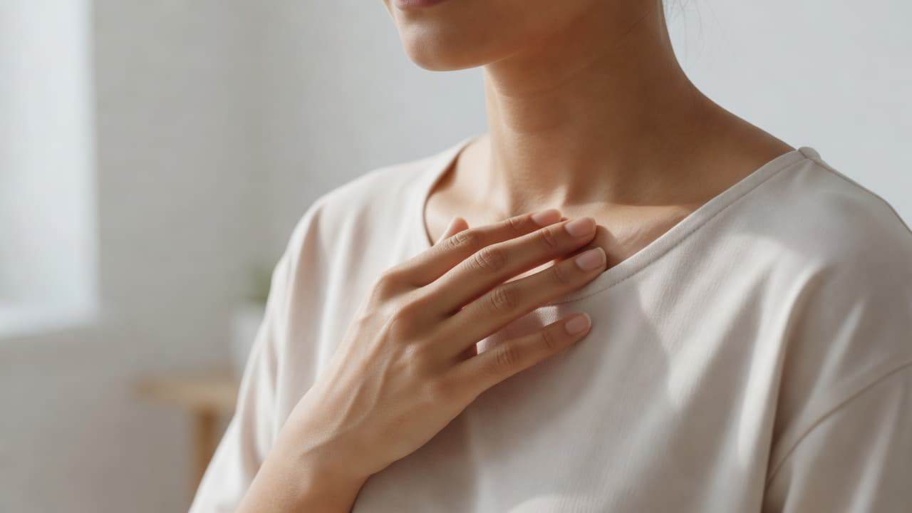 A close-up view focuses on a person's fingertips gently touching the collarbone point on their chest. The background is a soft, minimalist room filled with bright and natural, calm light.
