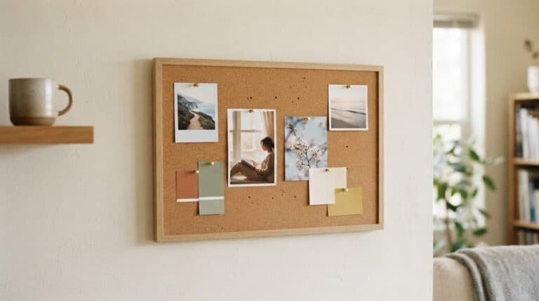 A minimalist vision board with photos and color swatches pinned to a corkboard on a warm wall.