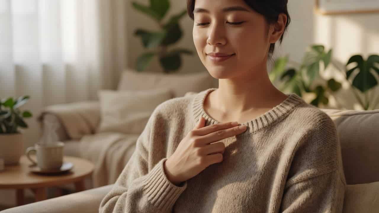 EFT Tapping - A calm individual gently taps their collarbone with soft, relaxed fingers while maintaining a serene expression. Warm, natural indoor sunlight illuminates the scene, highlighting a tranquil and grounded emotional state.