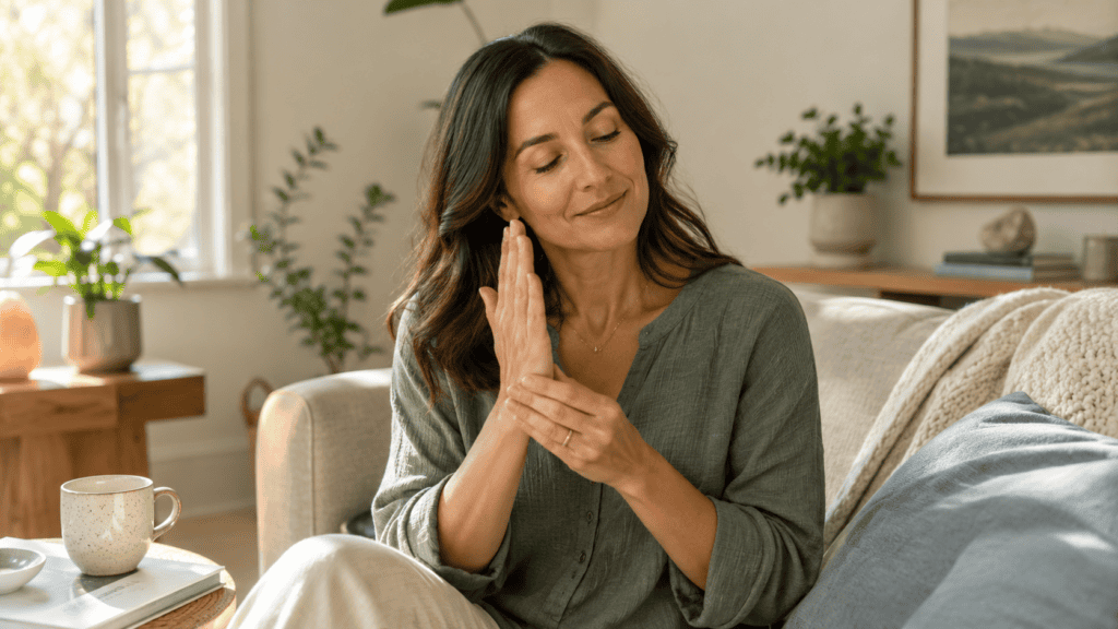 Woman tapping on the eft karate chop point.