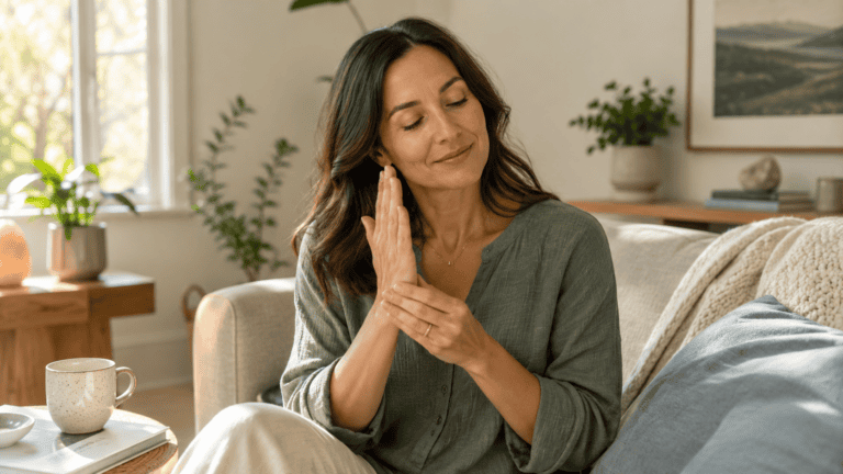 Woman tapping on the eft karate chop point.
