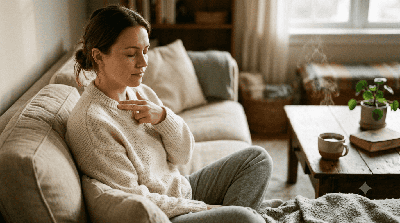 woman-couch-relaxed-tapping You can't do eft tapping wrong. Woman sitting on couch using eft tapping to calm herself.