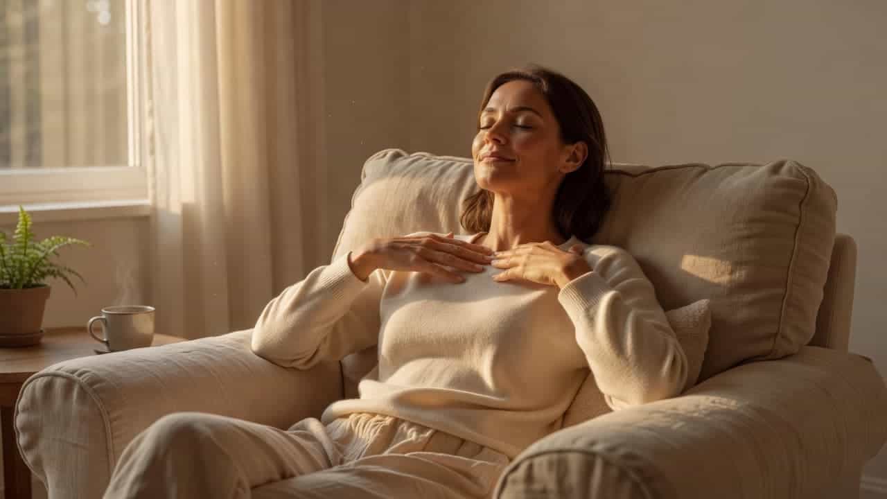 A woman sits peacefully in a plush chair within a sun-drenched living room. Her hands rest gently against her collarbones as soft natural light illuminates her calm and composed facial expression.