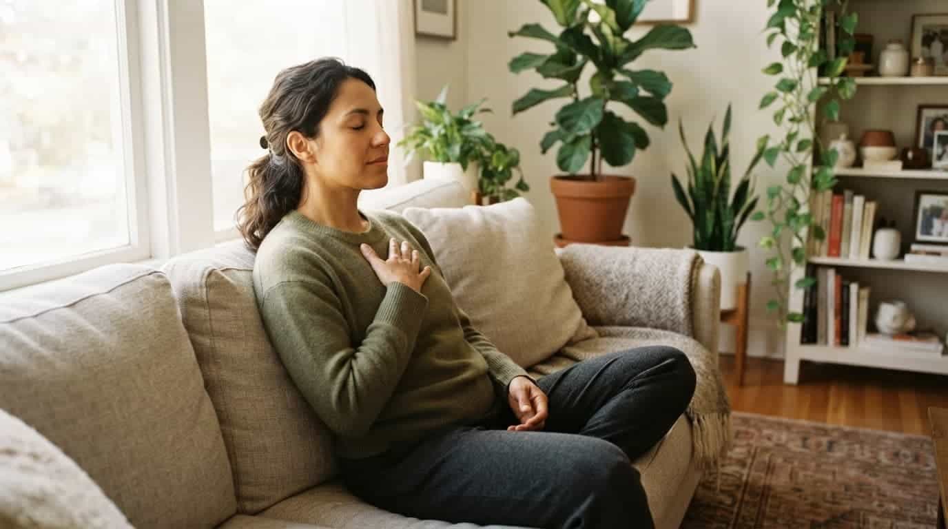 Person with closed eyes takes a deep breath on a couch, hand resting on their chest.