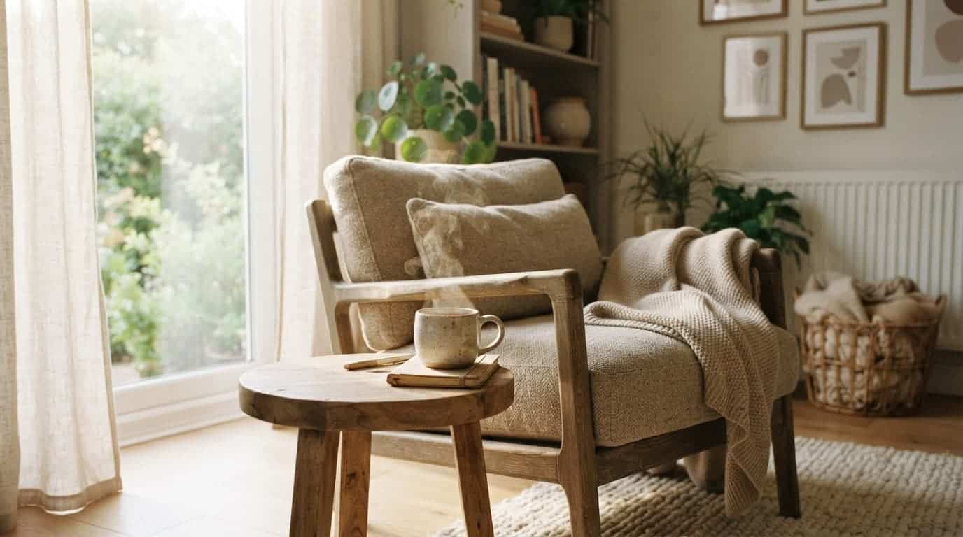 A quiet corner of a room with an armchair, the kind of spot you would sit down to tap in.