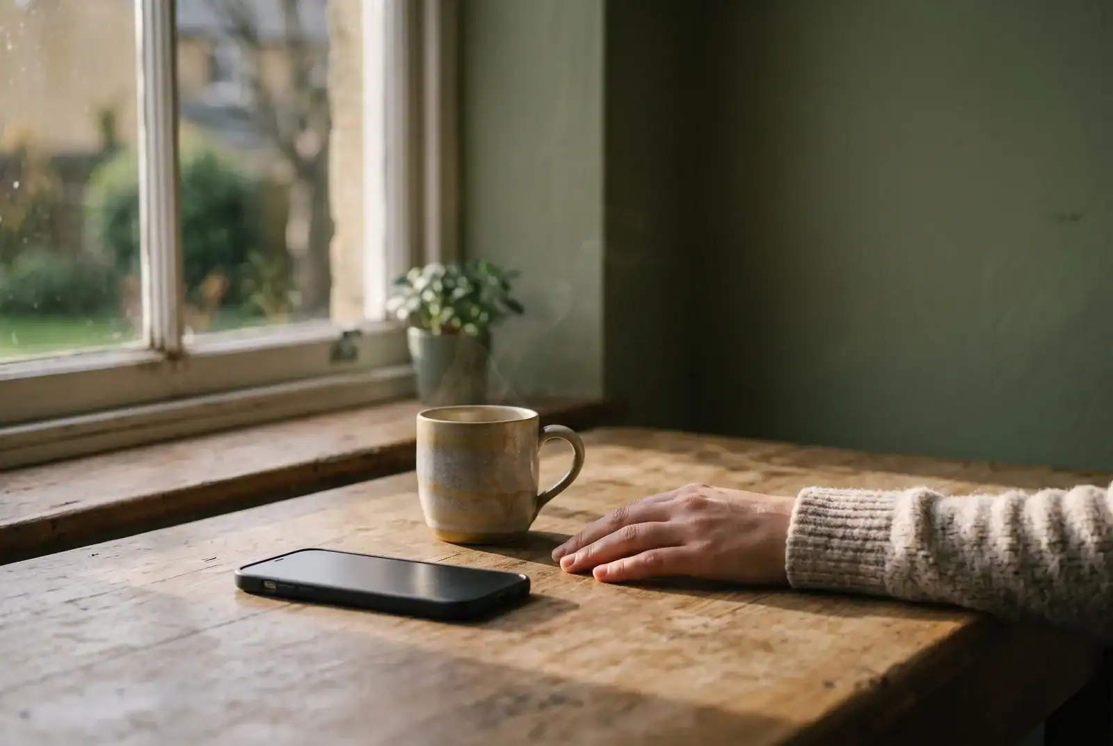 Tapping for Anxiety - phone lying on a wooden table beside a steaming mug.
