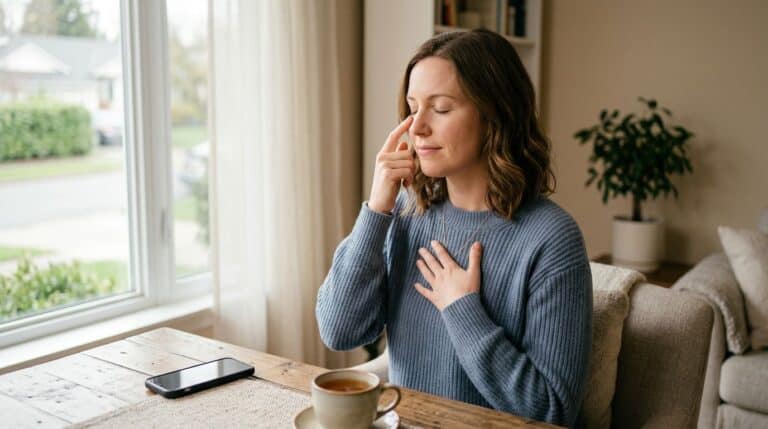 Woman tapping beneath her eye with one hand over her heart.