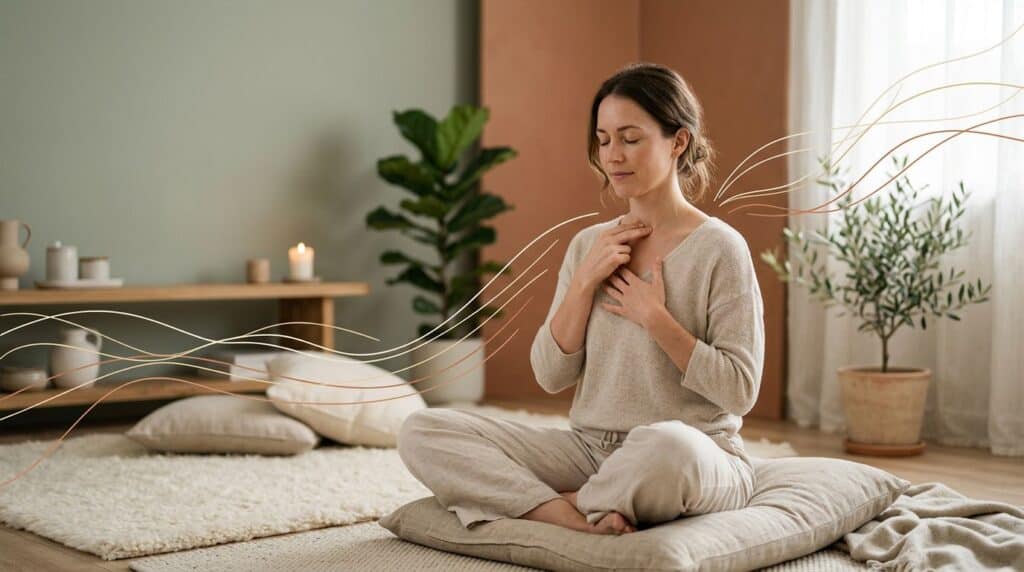 Woman practicing EFT tapping with one hand beneath her collarbone in a softly lit room.