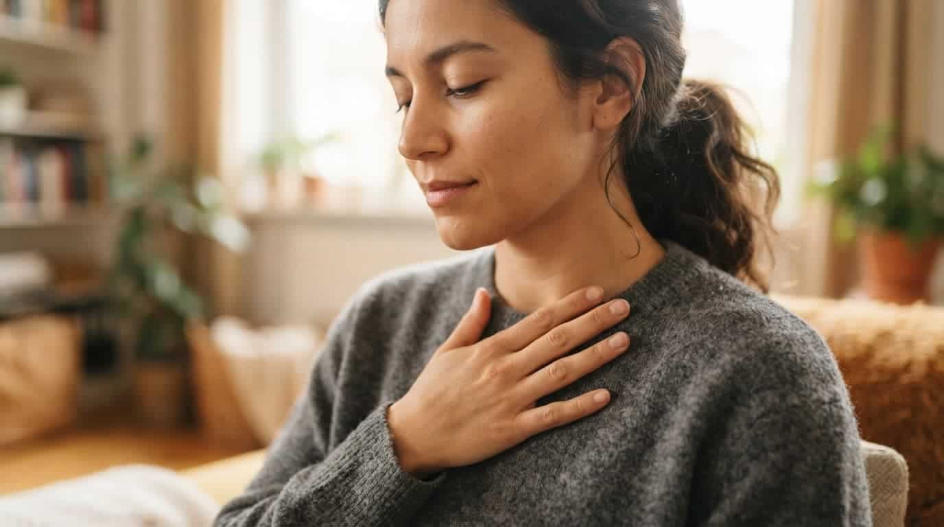 A person tapping the collarbone point with two fingers, sitting at home in daylight.