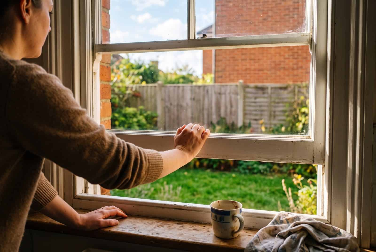 how-to-get-out-of-a-funk-opening-a-window A pair of hands pushes a kitchen window open onto a green back garden in afternoon light.